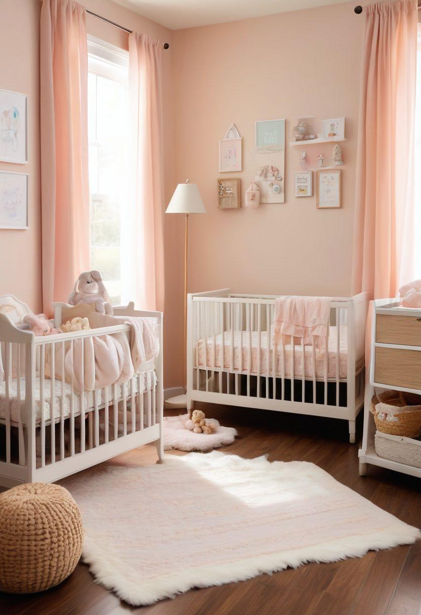 A cozy nursery filled with stylish yet practical newborn products like cribs, strollers, and toys, with price tags displaying discounted prices. Include a parent joyfully browsing through offers on a laptop, surrounded by soft pastel colors. The scene conveys a warm and inviting atmosphere while emphasizing budget-friendly choices. super-realistic. vibrant colors. soft lighting.