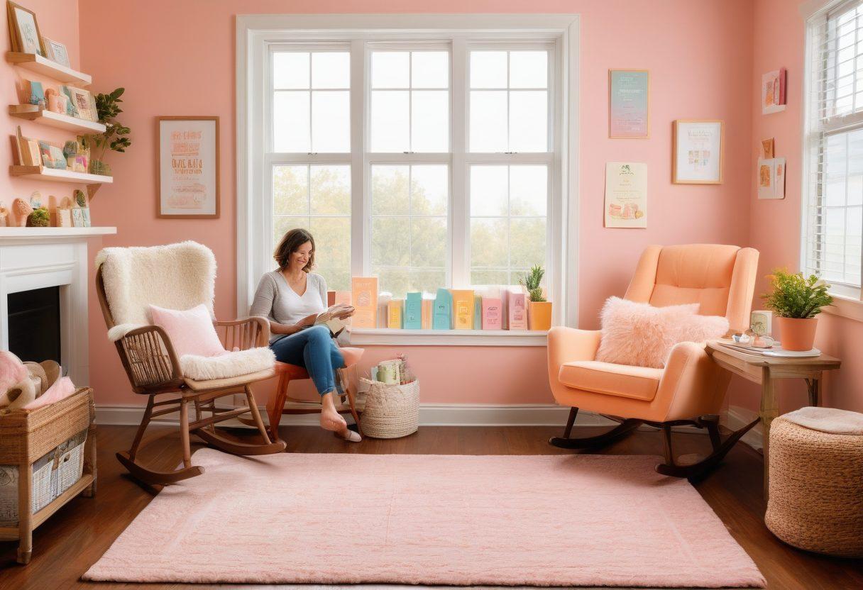 A cozy nursery scene featuring a cheerful couple with their newborn, surrounded by essential baby resources like parenting books, freebie samples, and care tips on colorful sticky notes. The background should include soft pastel colors, a gentle rocking chair, and a window letting in warm sunlight, creating a nurturing atmosphere. super-realistic. vibrant colors.