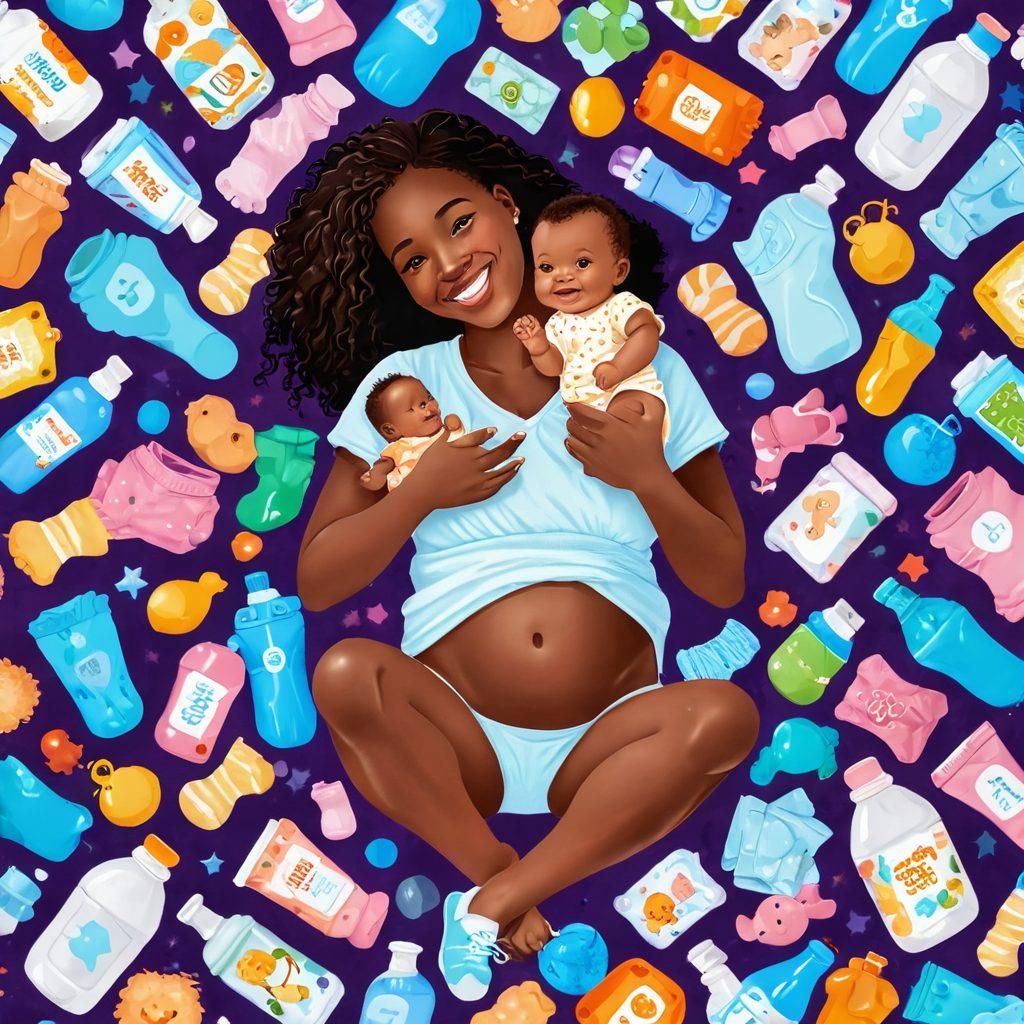 A joyful new parent holding a cute baby, surrounded by a colorful array of free baby samples like diapers, wipes, and toys. Include a background with playful baby-themed elements like rattles and bottles. Add cheerful discount tags floating around, symbolizing savings. The atmosphere should feel warm and inviting. Illustration style: super-realistic. vibrant colors.
